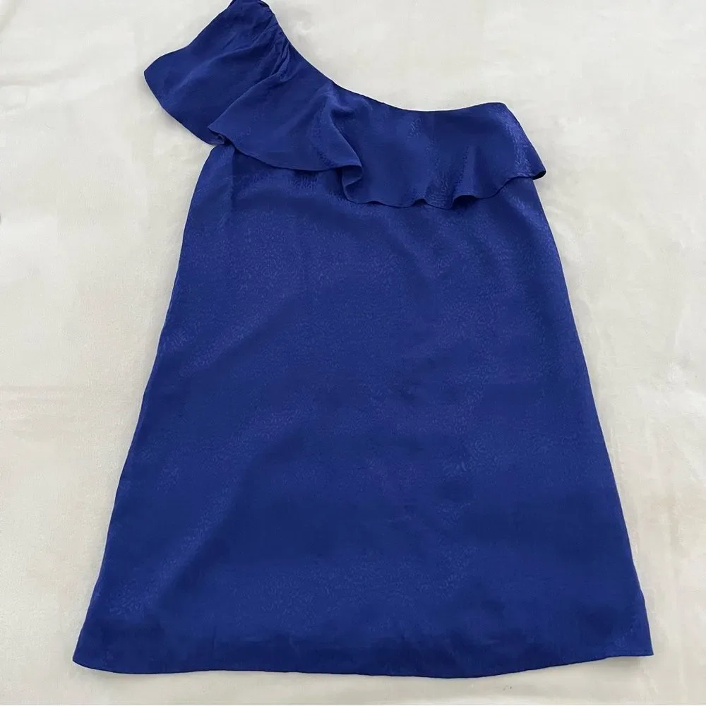 Anthropologie Ruffled One-Shoulder Mini Dress in Blue, Size 0 NWOT